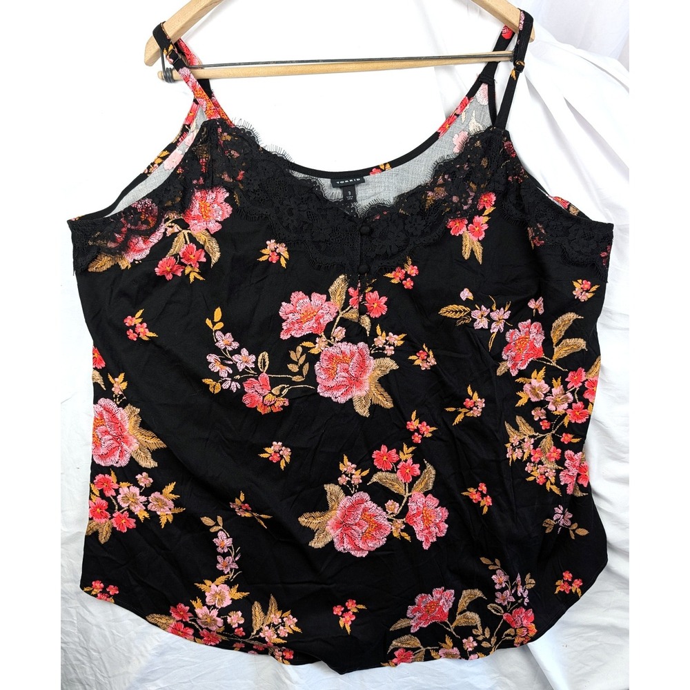 Torrid Babydoll Lace Trim Cami Black Floral Boho V Neck Straps Sz 3 Pink Rose